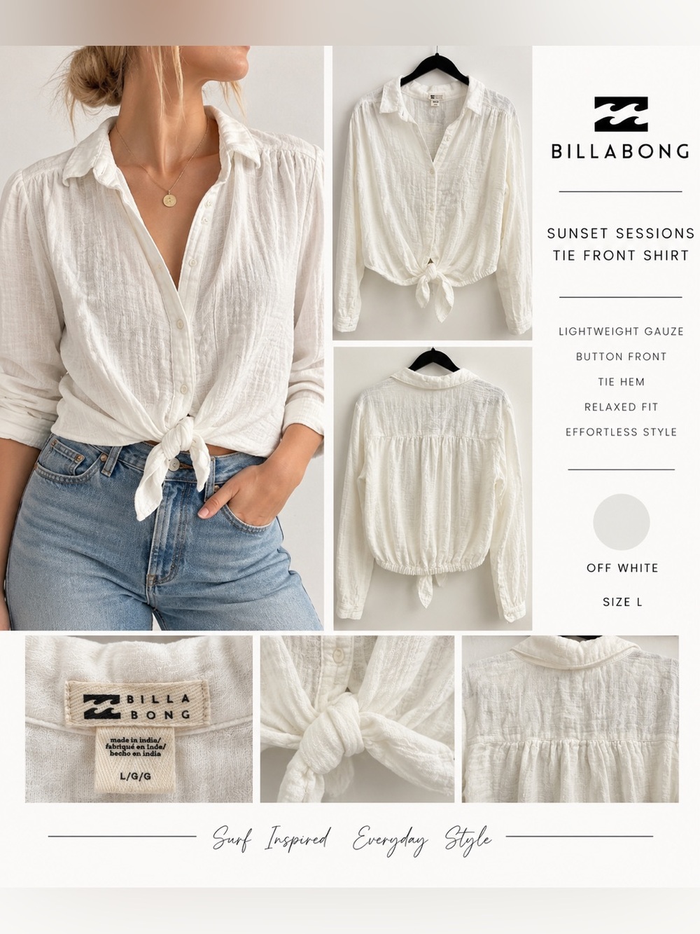 Billabong Sunset Sessions Tie Front Shirt White Gauze Size L